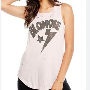 Blondie Star Lightning Distressed Ripped Bolt Triblend Muscle Tank in Pink XS
